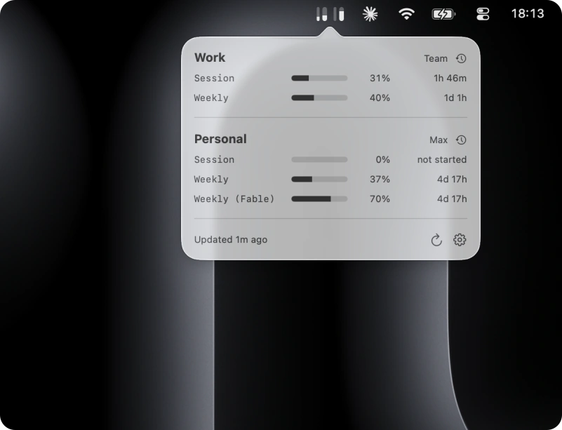 The Clausage popover under the menu bar: two accounts, Work and Personal, each with session and weekly bars, percentages and time until reset