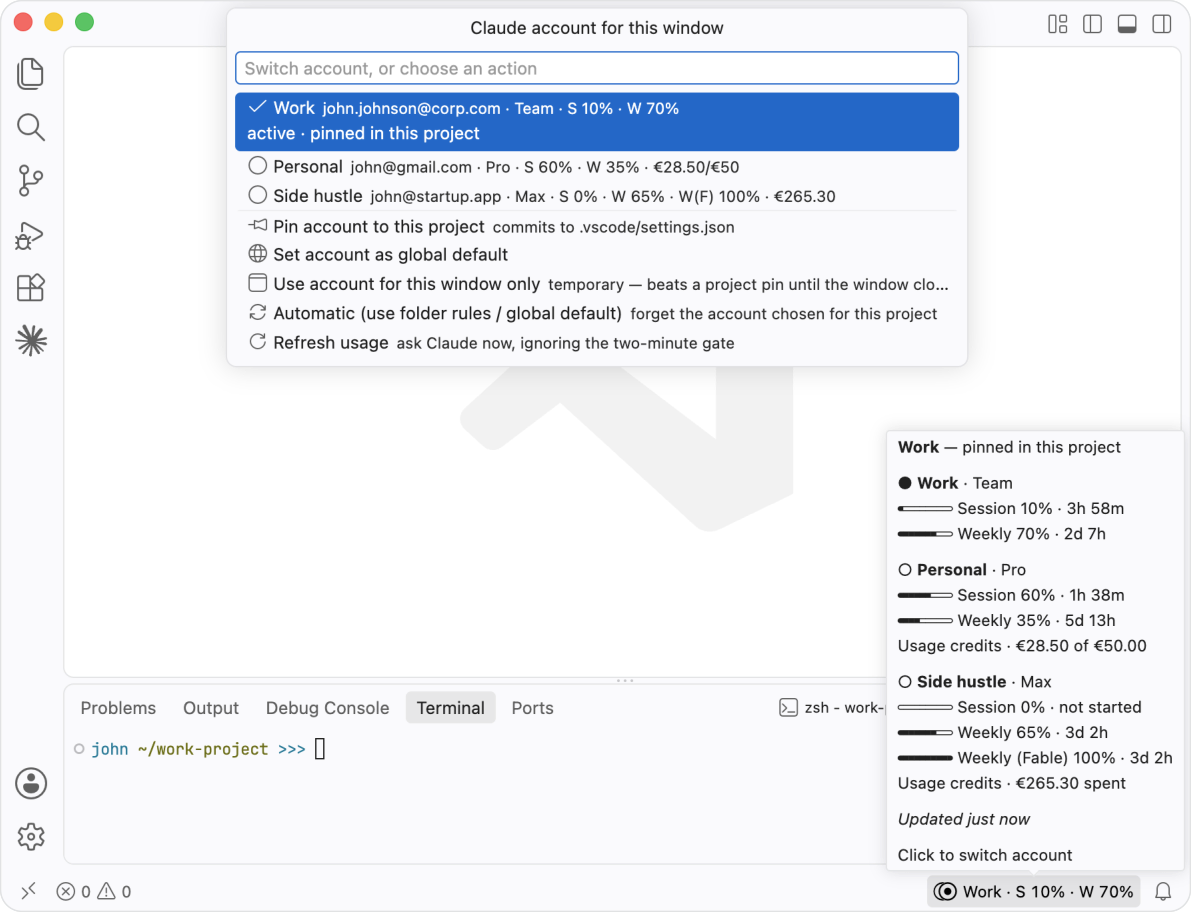 Clauswitch Pro in a VS Code window, with session and weekly percentages beside every account in the picker, the same two numbers in the status bar, and the hover popup listing all three accounts with reset countdowns and usage credits on the two accounts that have them