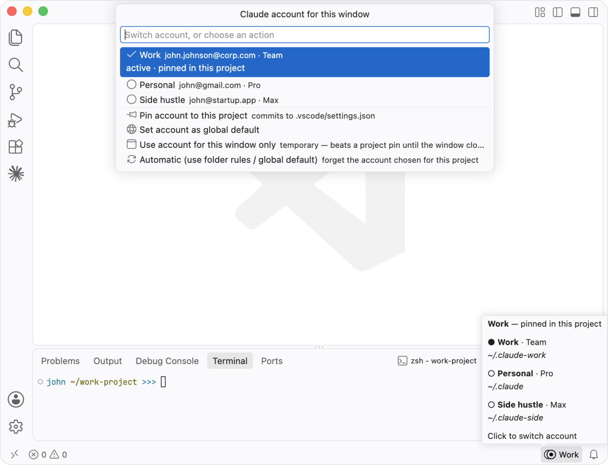A VS Code window with the Clauswitch picker open, showing Work, Personal and Side hustle, the pinned account named in the status bar, and no usage numbers anywhere