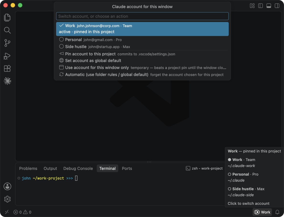 Clauswitch: a VS Code window with the switch picker open, accounts named Work, Personal and Side hustle, the pinned account named in the status bar, and no usage numbers anywhere (free)