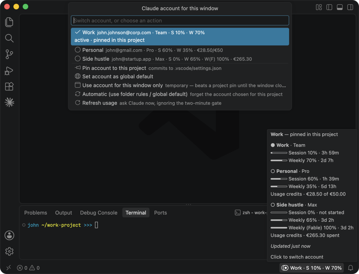 Clauswitch Pro: the same window with session and weekly percentages beside every account in the picker, the same two numbers in the status bar, and the hover popup listing all three accounts with reset countdowns and usage credits on the two accounts that have them (Pro)